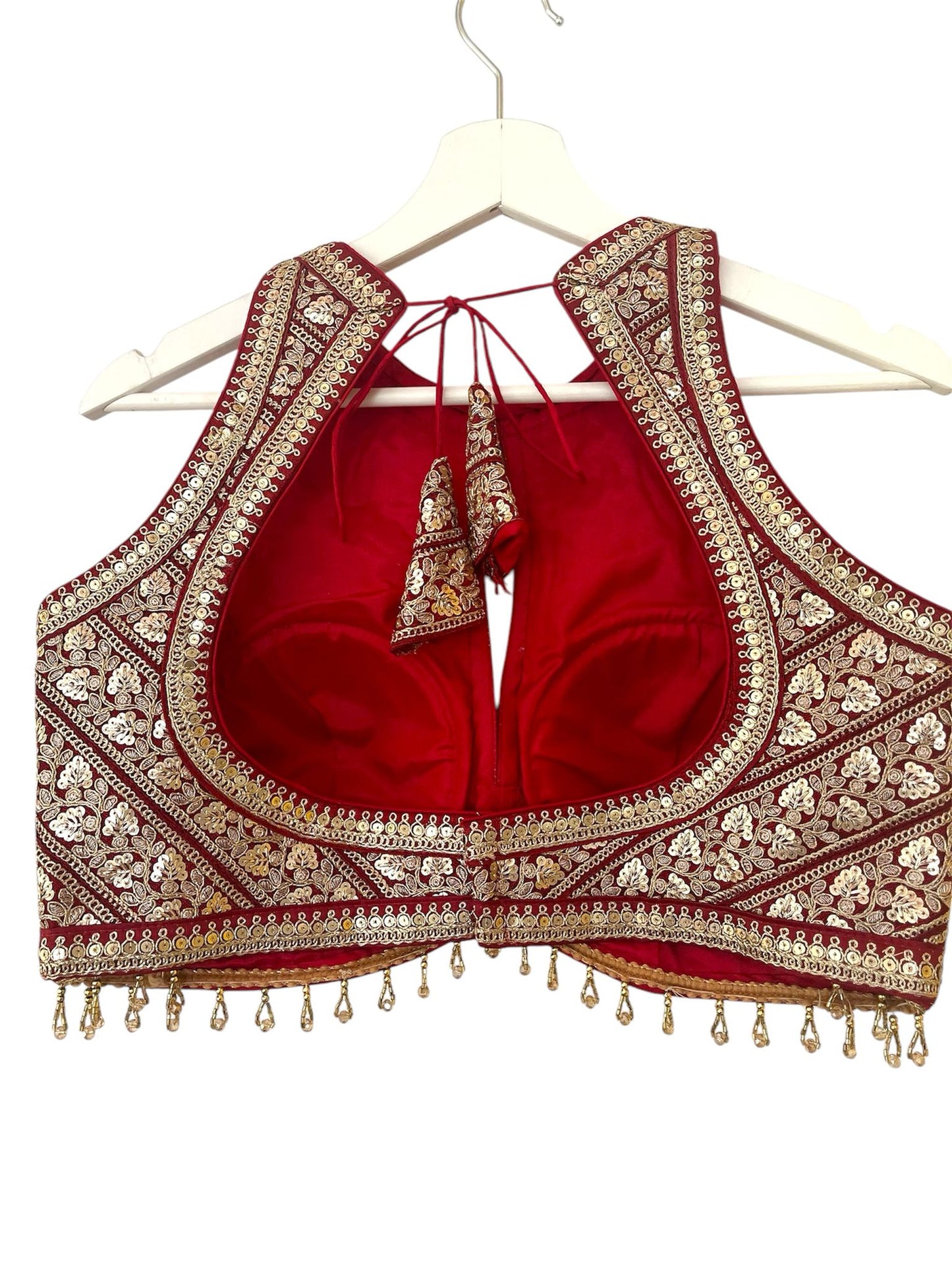 Indian Designer Red beads Saree Lehenga Blouse Sleeveless sabyasachi style.