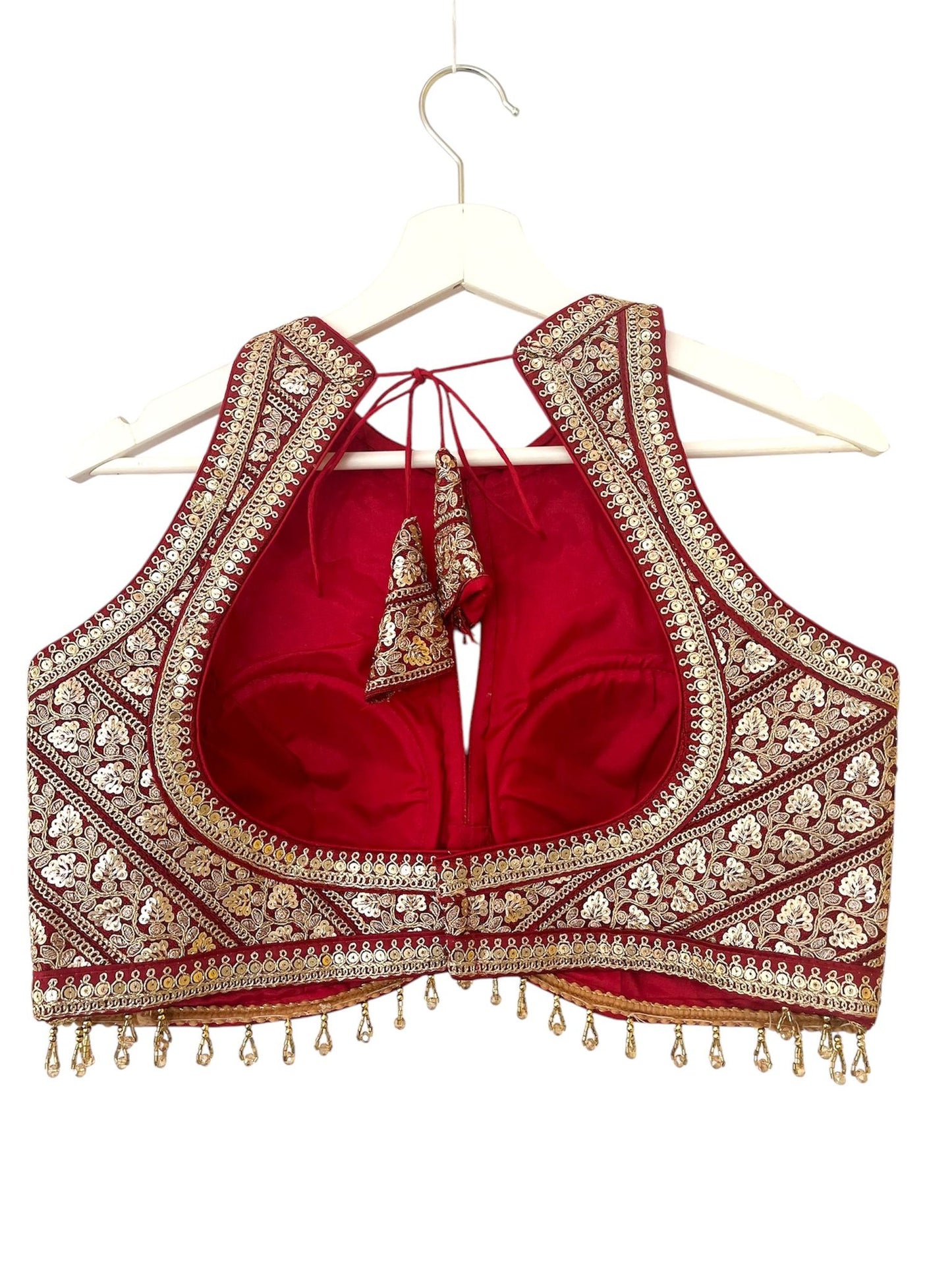 Indian Designer Red beads Saree Lehenga Blouse Sleeveless sabyasachi style.