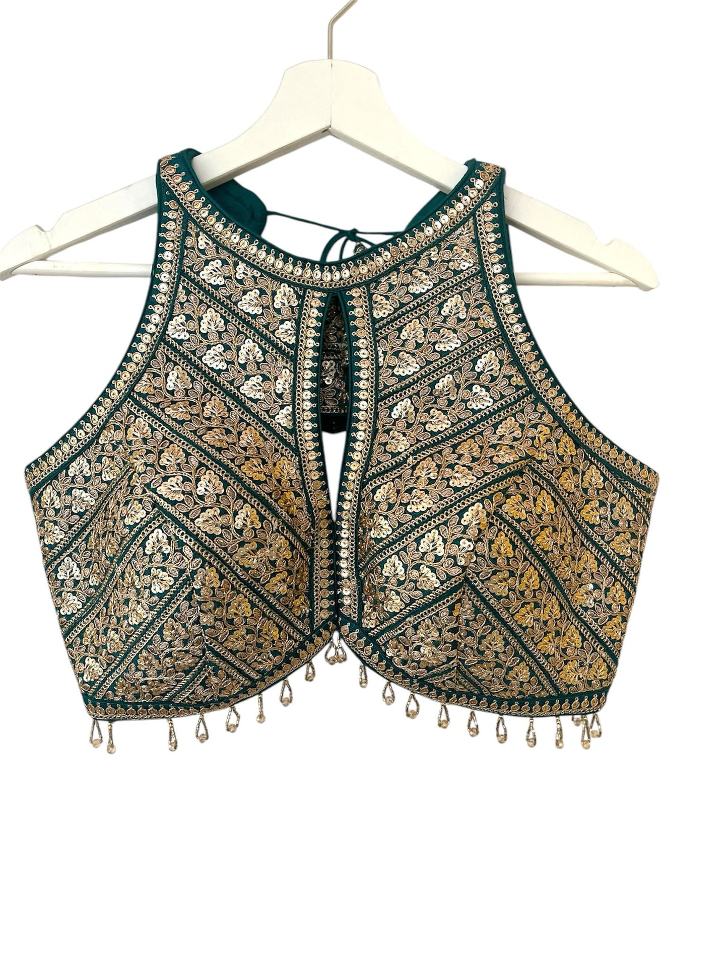 Indian Designer Blue beads Saree Lehenga Blouse Sleeveless sabyasachi style.