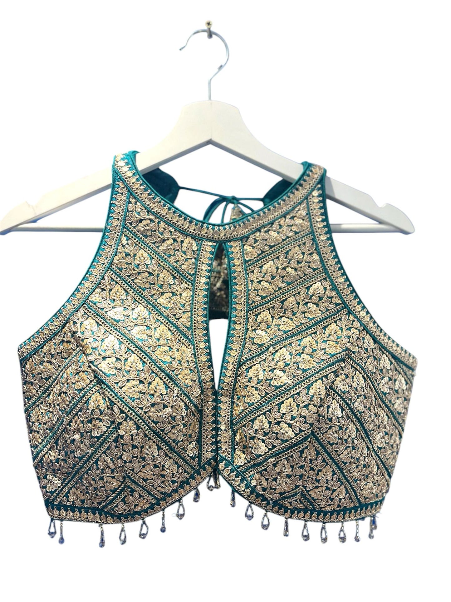 Indian Designer Blue beads Saree Lehenga Blouse Sleeveless sabyasachi style.