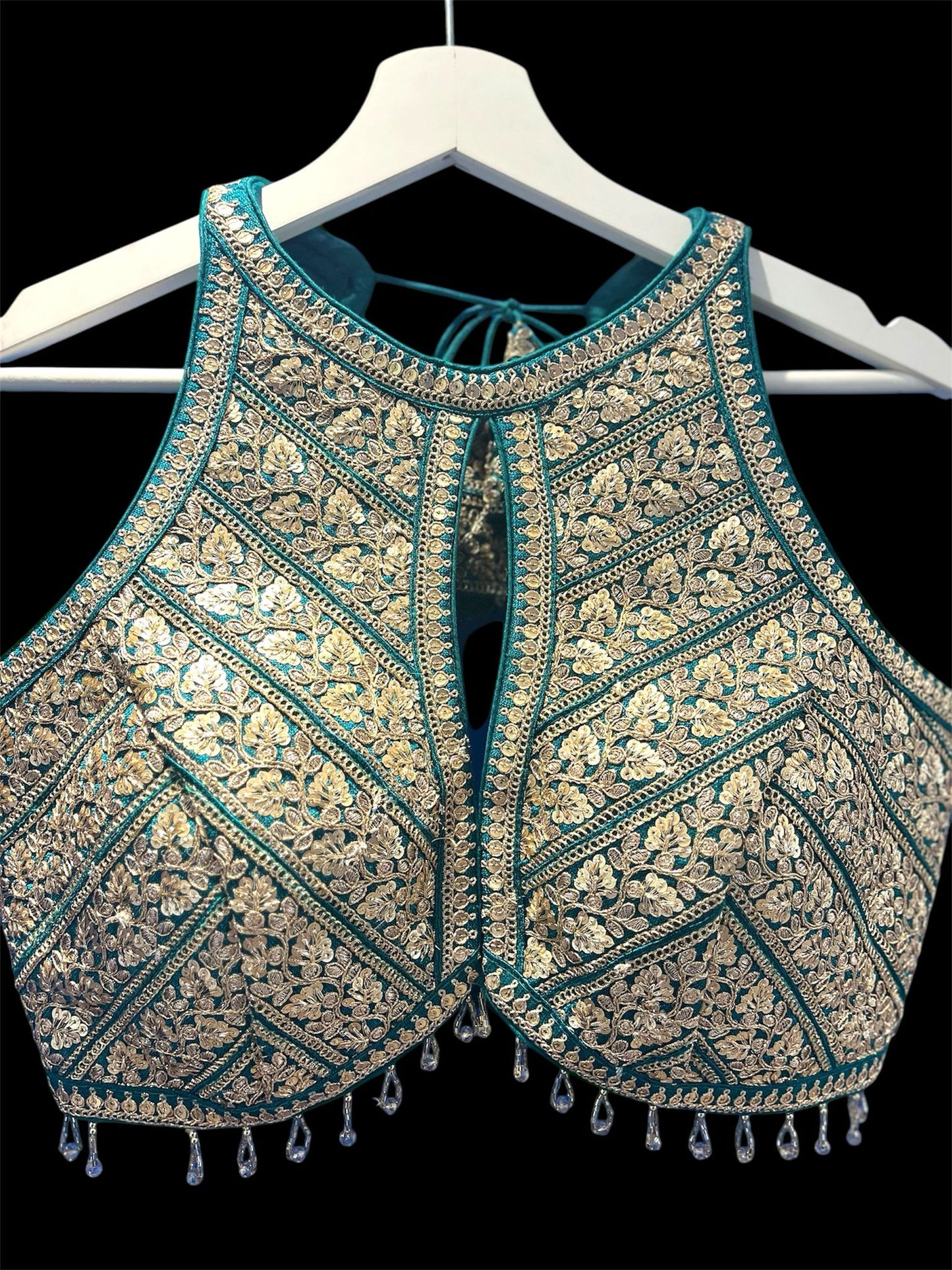 Indian Designer Blue beads Saree Lehenga Blouse Sleeveless sabyasachi style.
