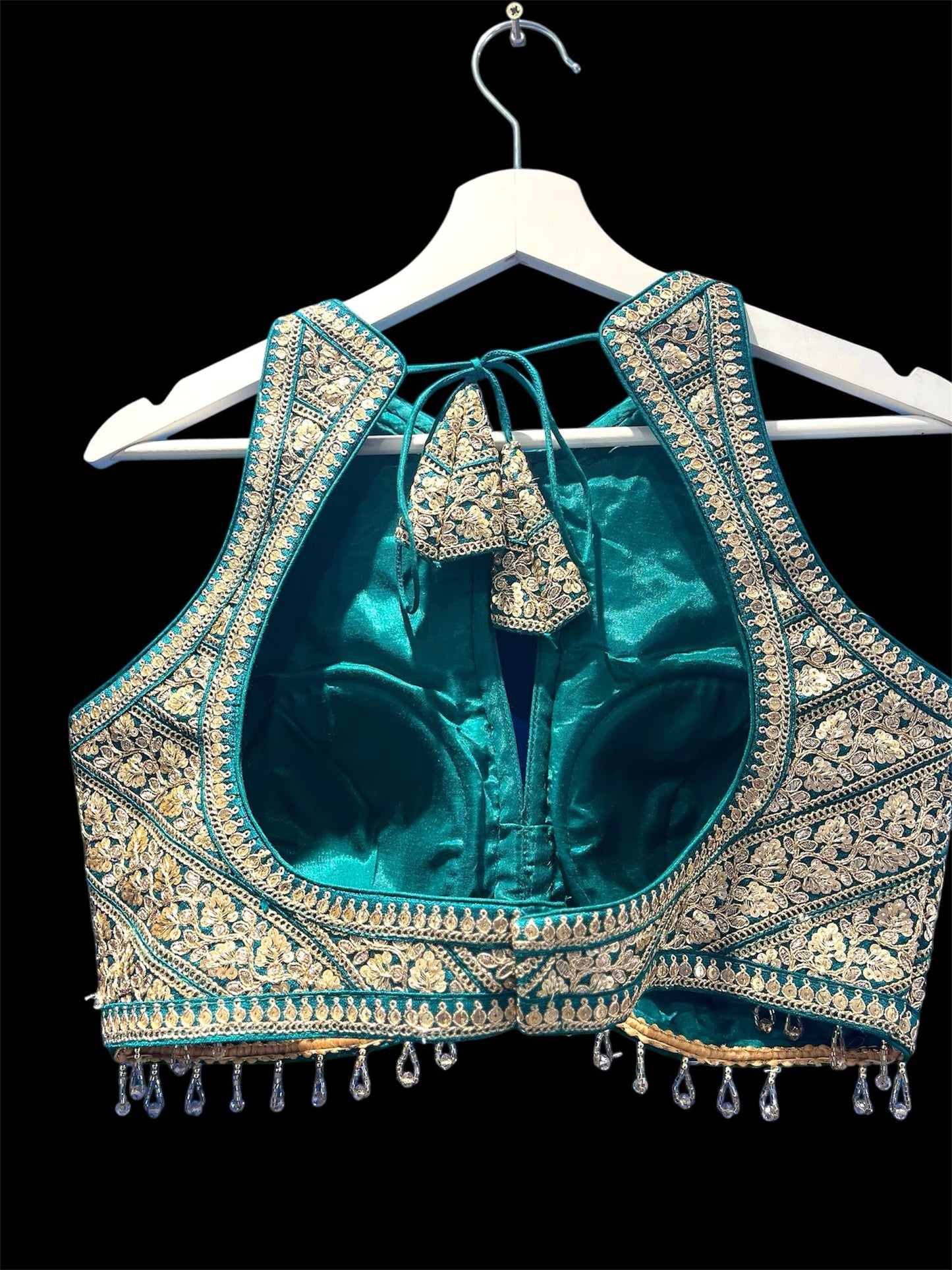Indian Designer Blue beads Saree Lehenga Blouse Sleeveless sabyasachi style.