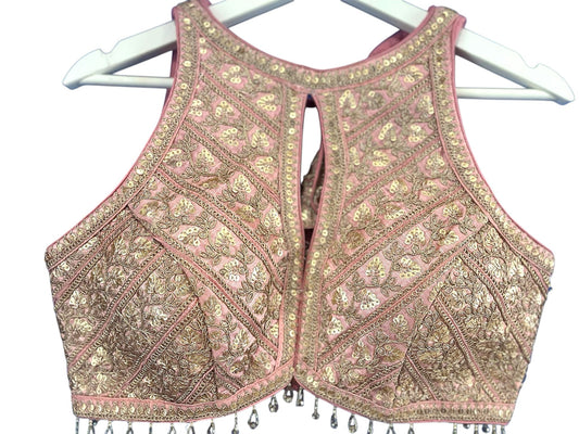 Indian Designer Pink beads Saree Lehenga Blouse Sleeveless sabyasachi style.