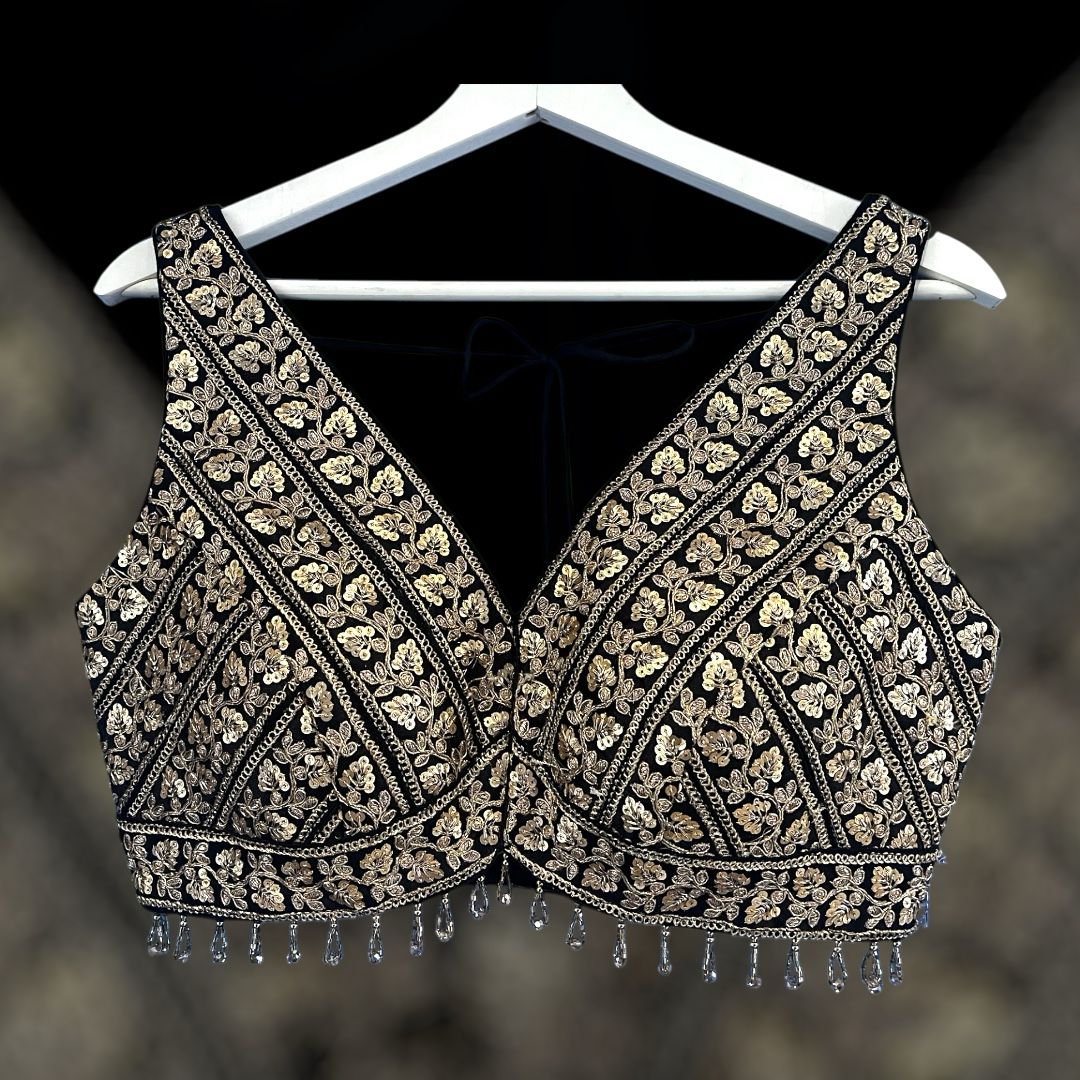 Indian Designer Black beads Saree Lehenga Blouse Sleeveless sabyasachi style.