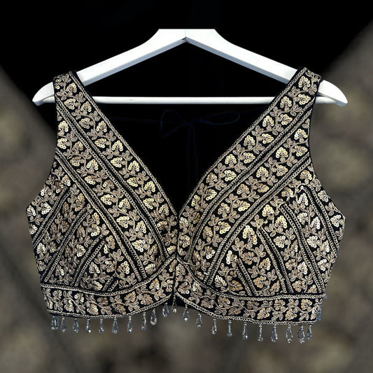 Indian Designer Black beads Saree Lehenga Blouse Sleeveless sabyasachi style.