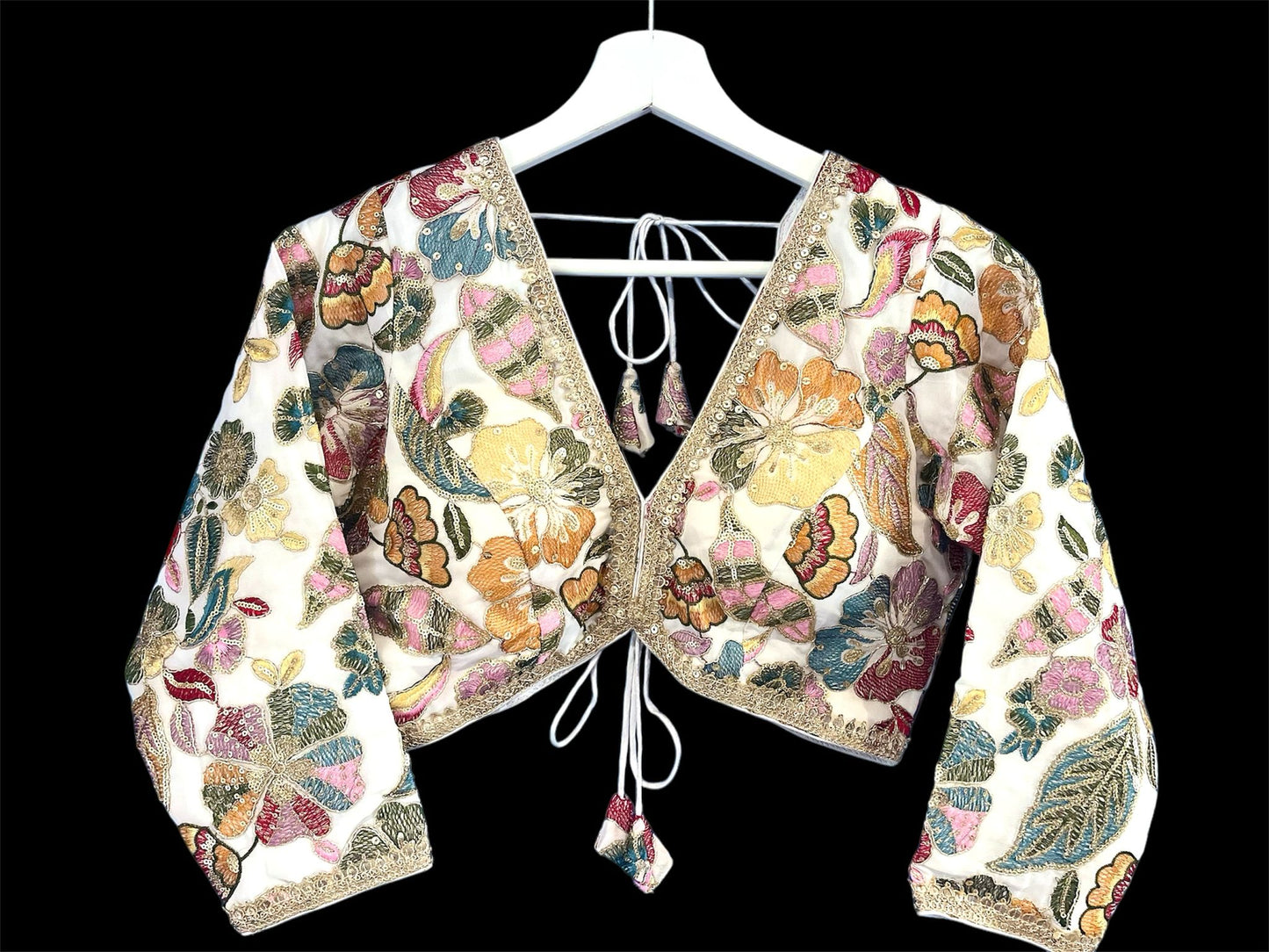 Indian Designer White embroidery Saree Lehenga Blouse with sleeves sabyasachi style.