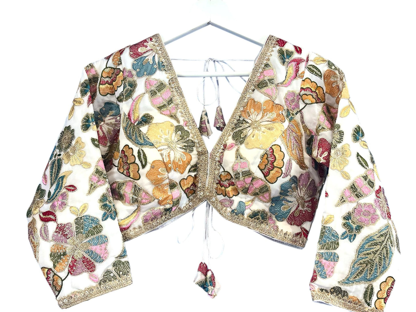 Indian Designer White embroidery Saree Lehenga Blouse with sleeves sabyasachi style.