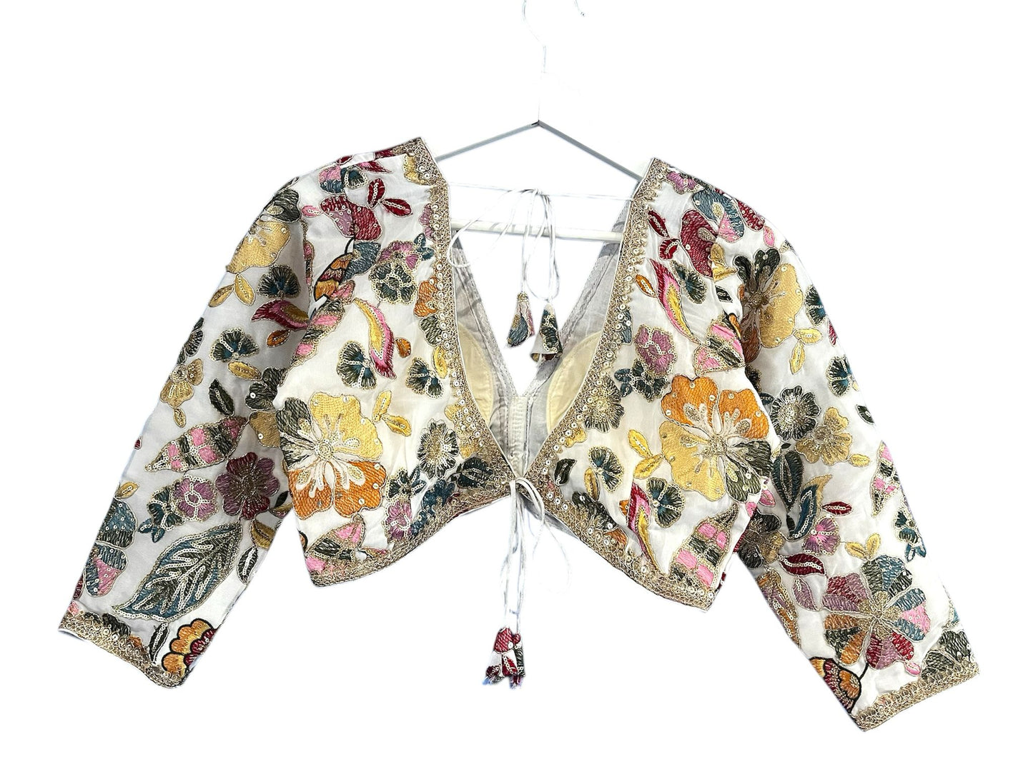 Indian Designer White embroidery Saree Lehenga Blouse with sleeves sabyasachi style.