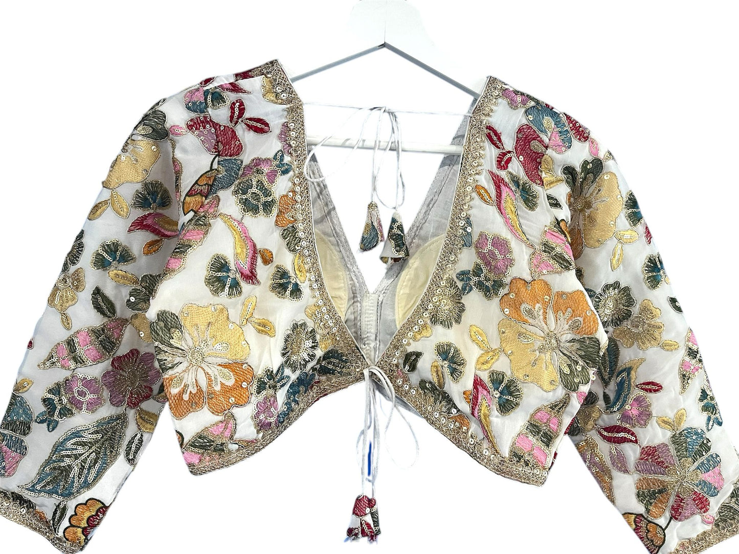 Indian Designer White embroidery Saree Lehenga Blouse with sleeves sabyasachi style.