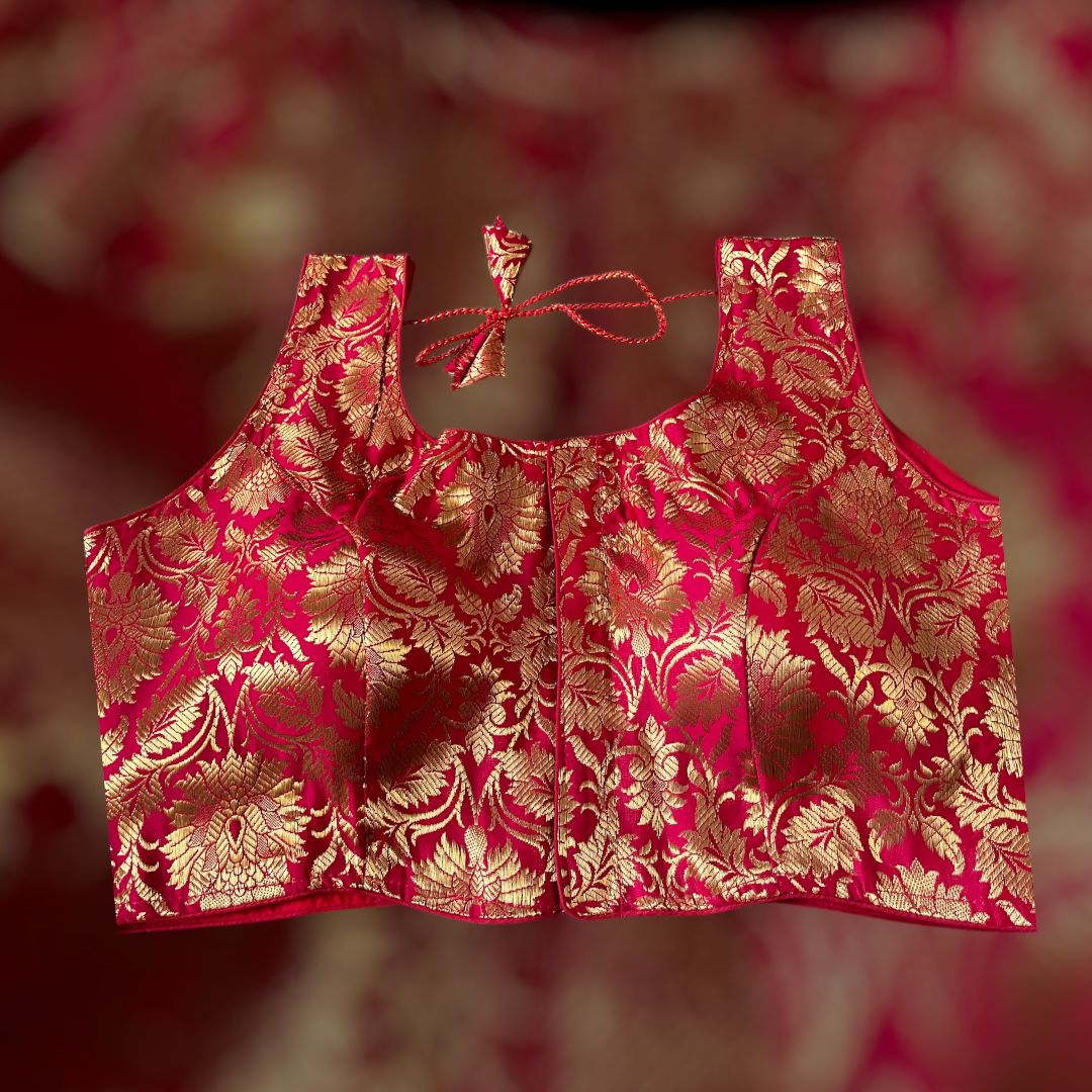 Indian Designer Red Saree Lehenga Blouse Sleeveless style.
