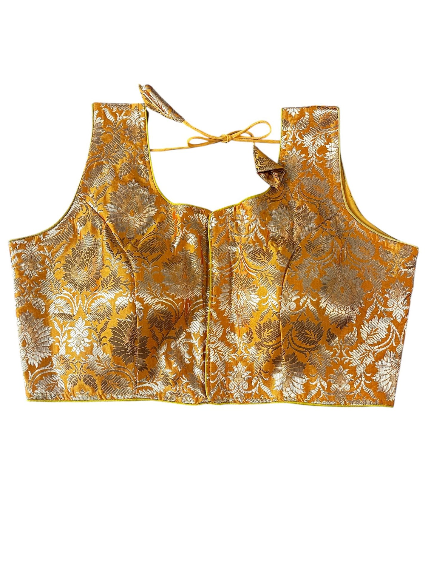 Indian Designer Yellow Saree Lehenga Blouse Sleeveless style.