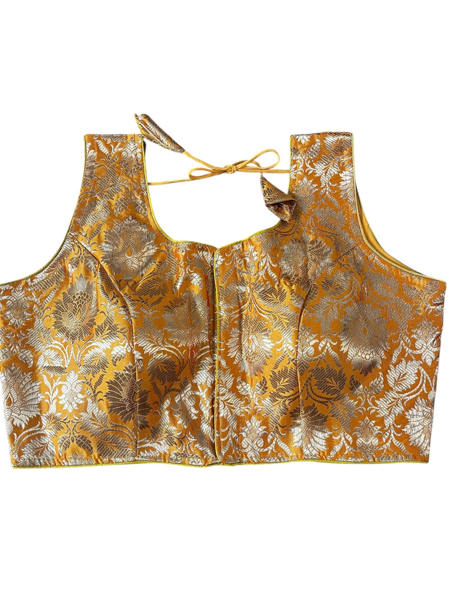 Indian Designer Yellow Saree Lehenga Blouse Sleeveless style.
