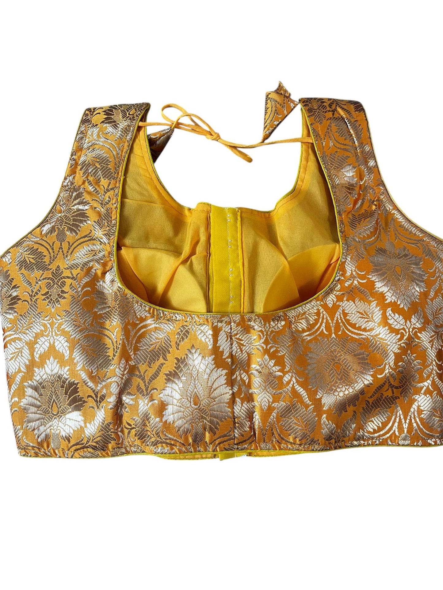 Indian Designer Yellow Saree Lehenga Blouse Sleeveless style.