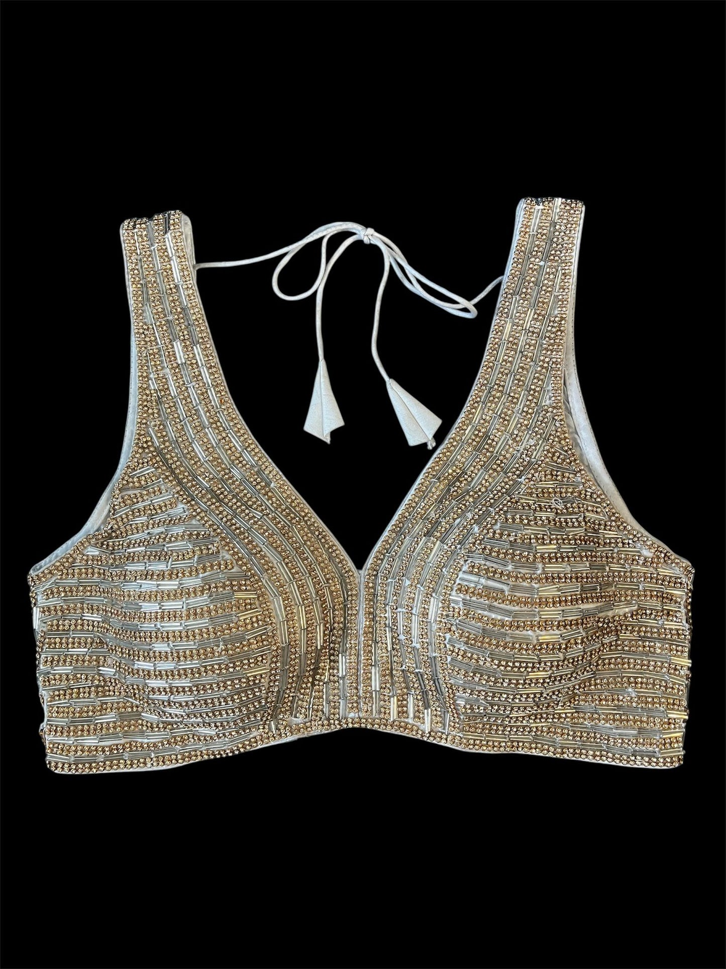 Indian Designer Silver Saree Lehenga  beaded blouse sleeveless style.
