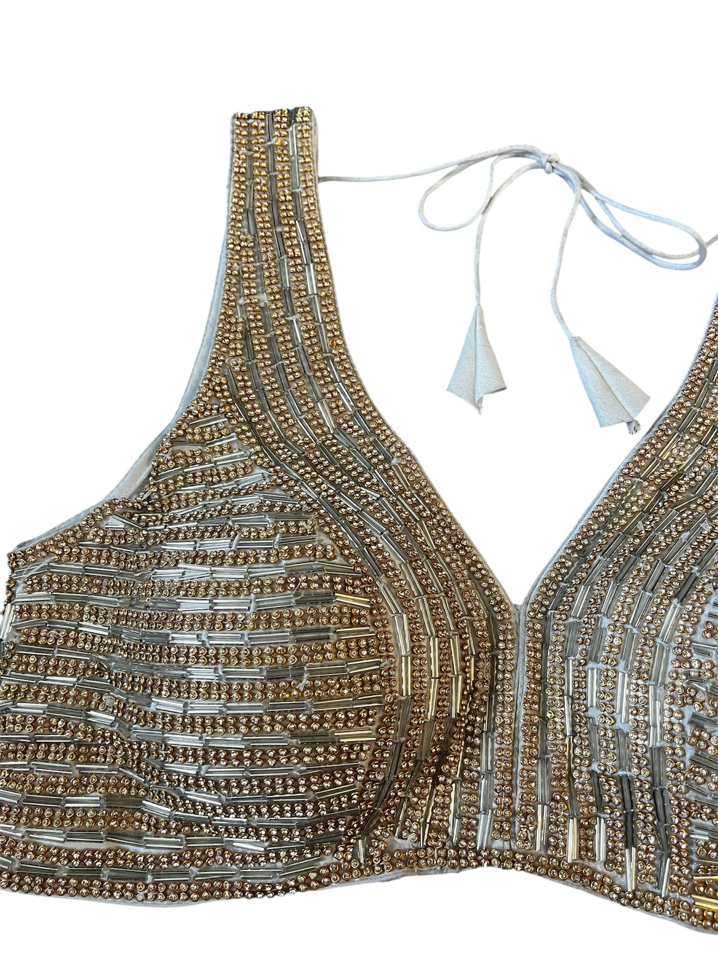 Indian Designer Silver Saree Lehenga  beaded blouse sleeveless style.