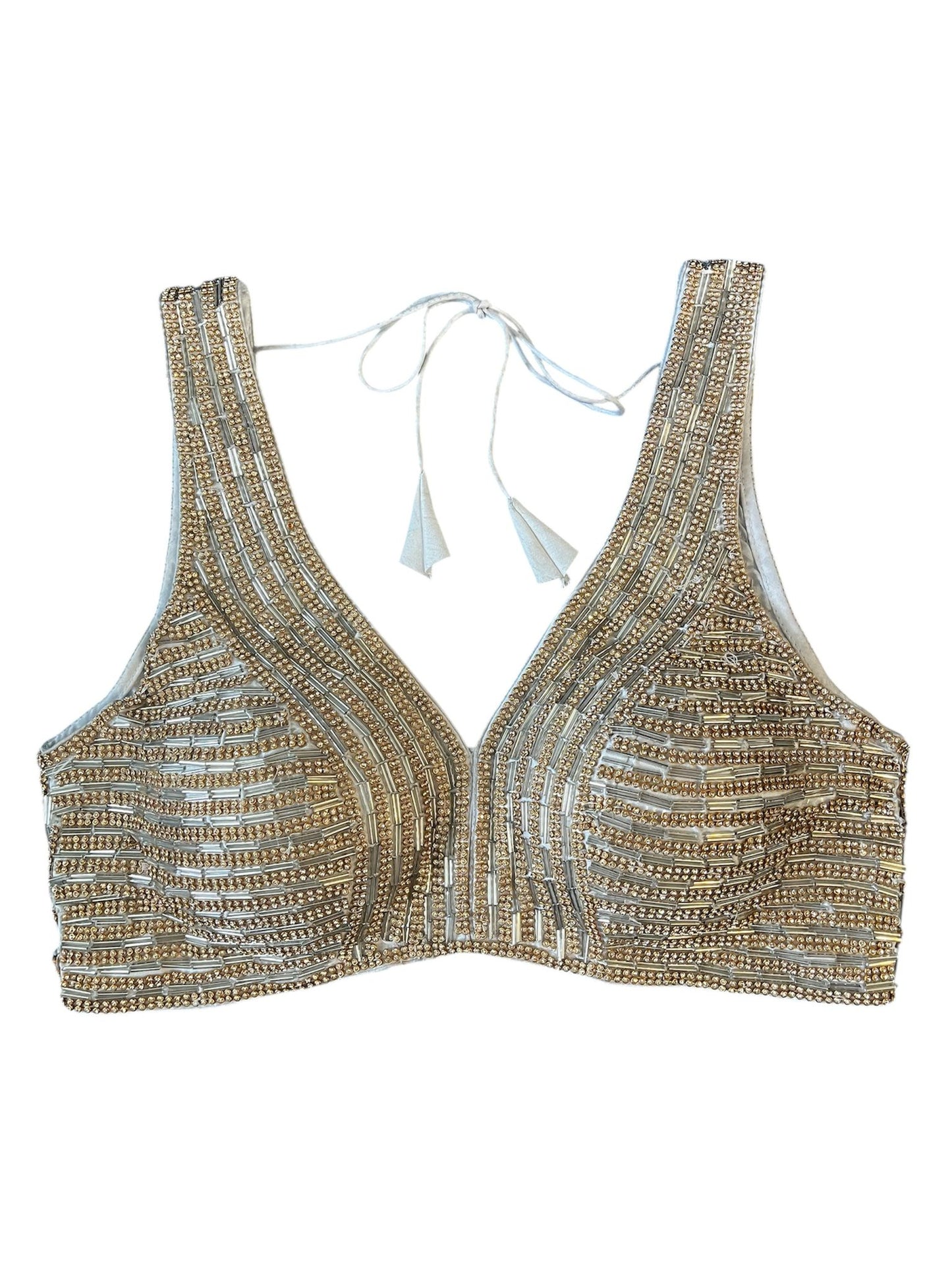 Indian Designer Silver Saree Lehenga  beaded blouse sleeveless style.