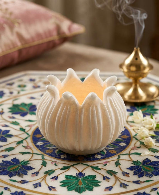 Handcrafted Marble Lotus Urli Candle Holder