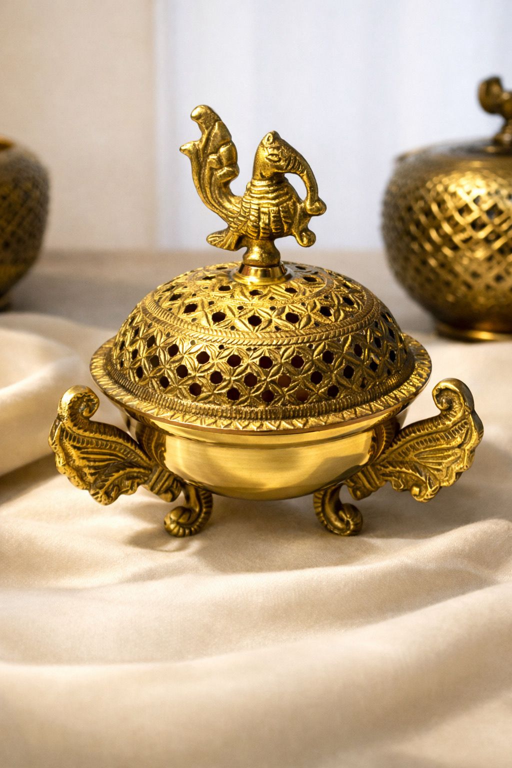 Handcrafted Brass Dhoop Dani – Traditional Incense Burner with Decorative Lid & Peacock Finial