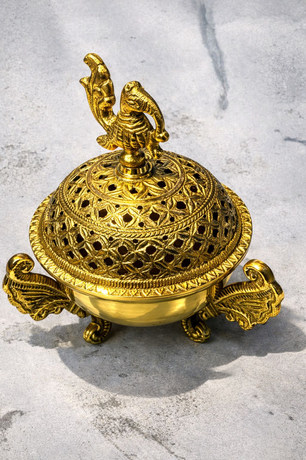 Handcrafted Brass Dhoop Dani – Traditional Incense Burner with Decorative Lid & Peacock Finial