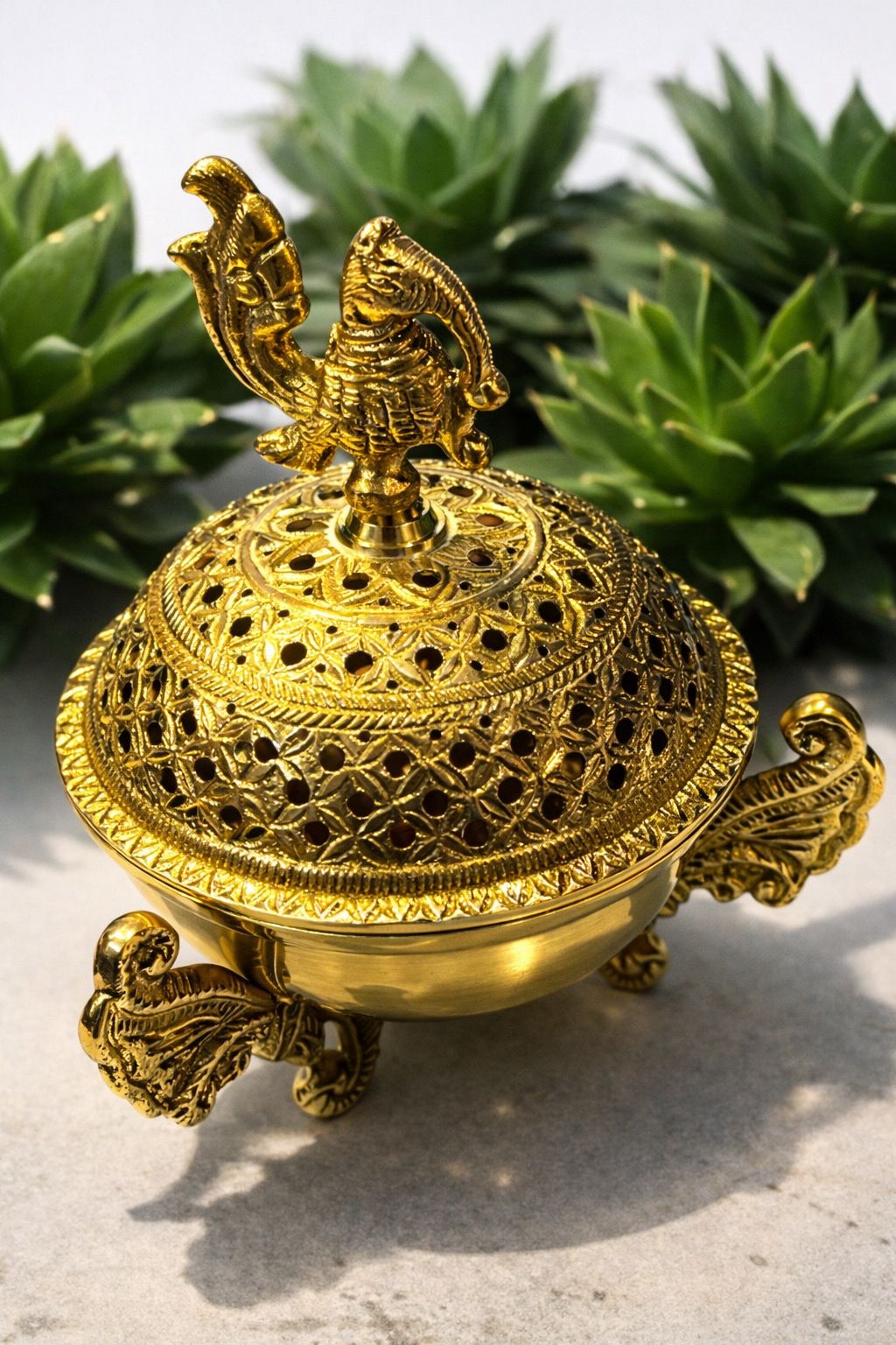 Handcrafted Brass Dhoop Dani – Traditional Incense Burner with Decorative Lid & Peacock Finial