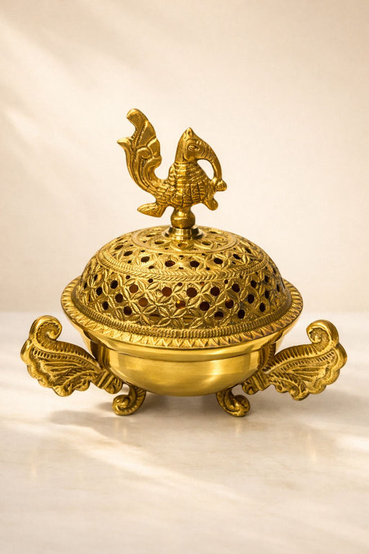 Handcrafted Brass Dhoop Dani – Traditional Incense Burner with Decorative Lid & Peacock Finial