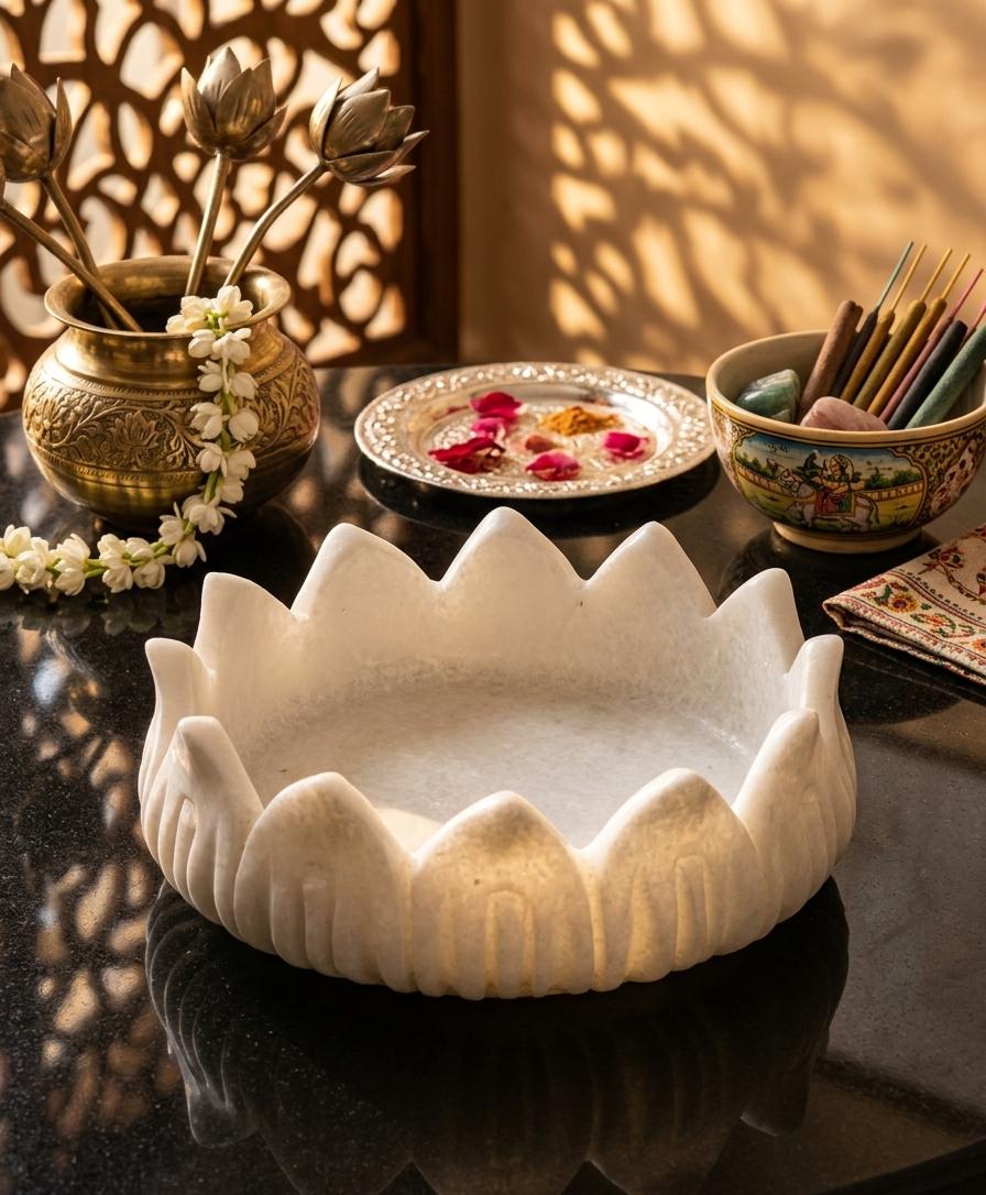 Handcrafted White Marble Lotus Urli – Luxury Decorative Bowl