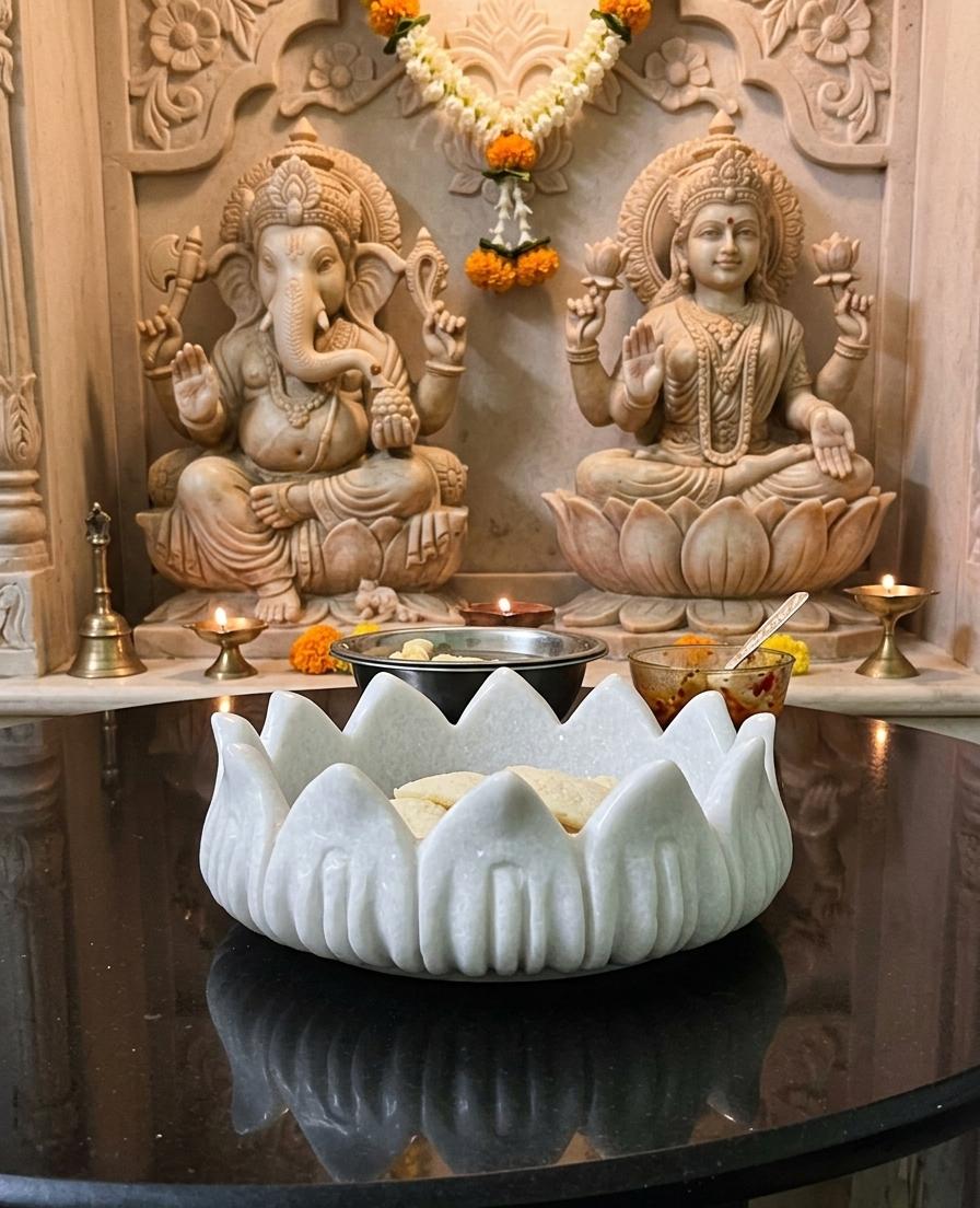 Handcrafted White Marble Lotus Urli – Luxury Decorative Bowl