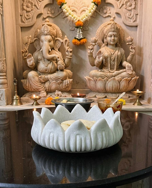 Handcrafted White Marble Lotus Urli – Luxury Decorative Bowl