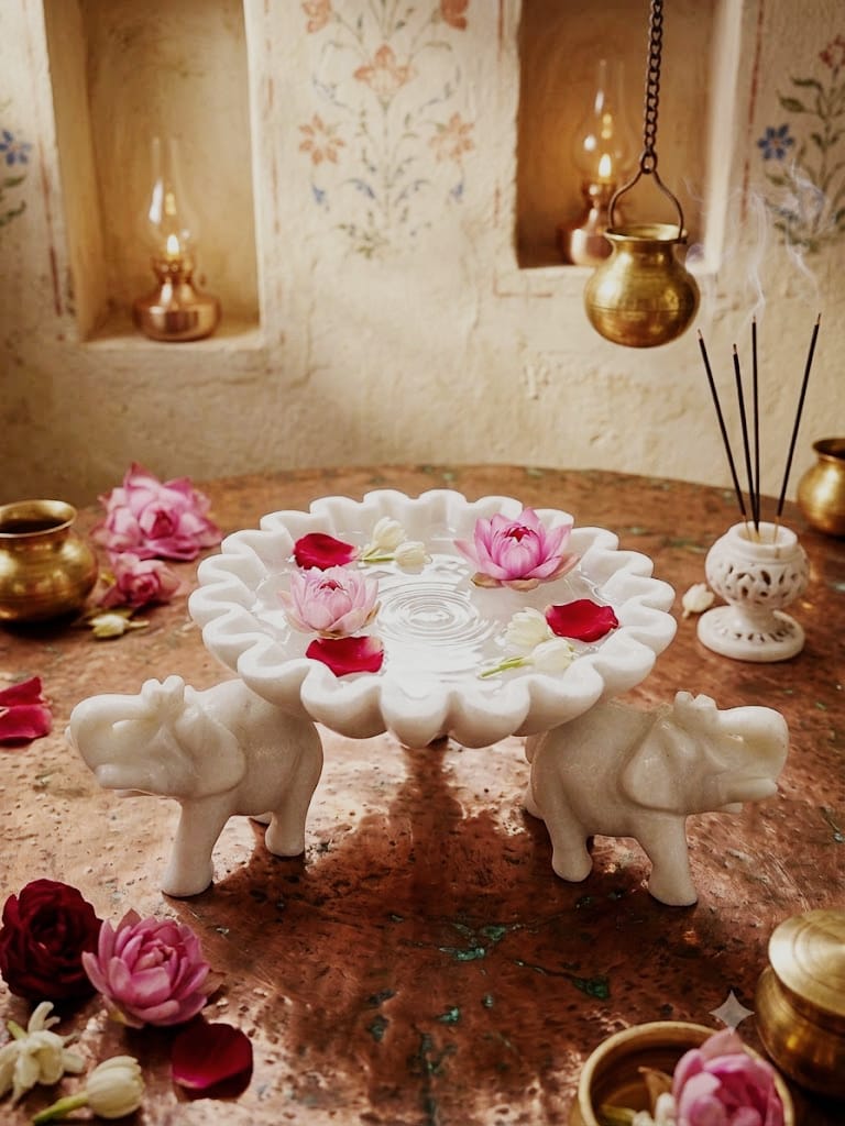Handcrafted White Marble Elephant Urli – Luxury Floating Candle Bowl & Floral Centerpiece