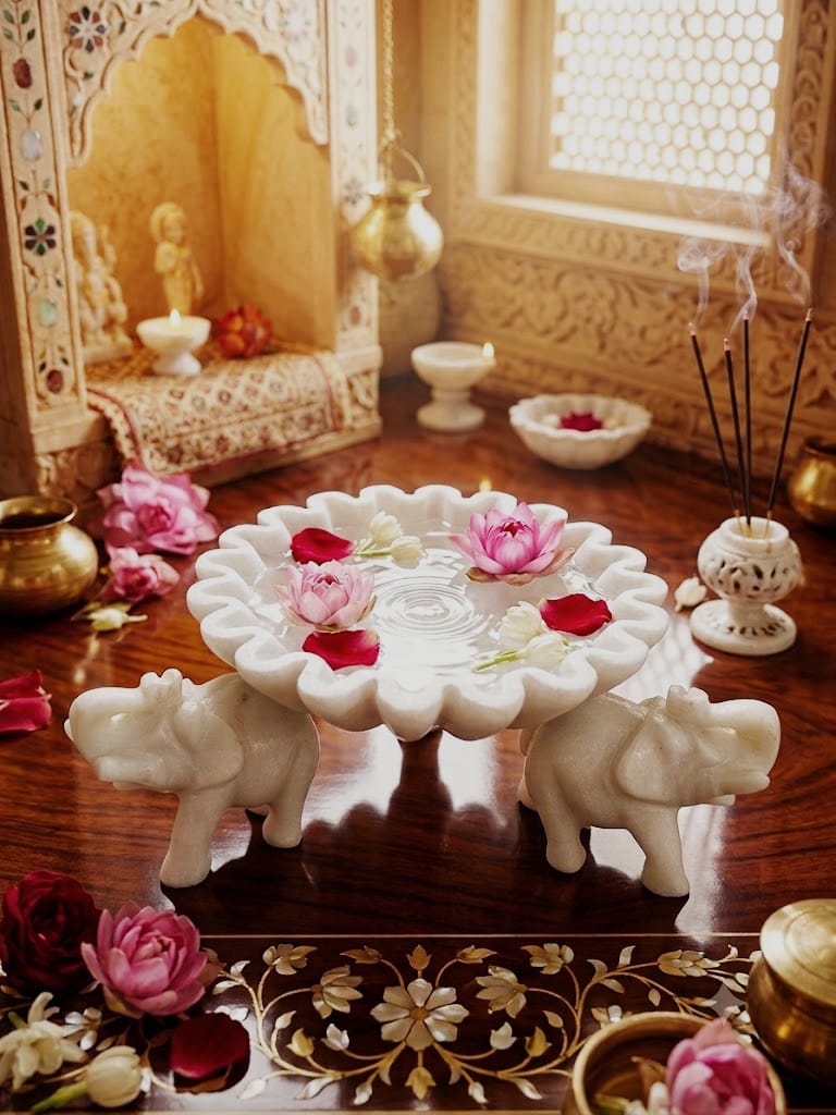 Handcrafted White Marble Elephant Urli – Luxury Floating Candle Bowl & Floral Centerpiece