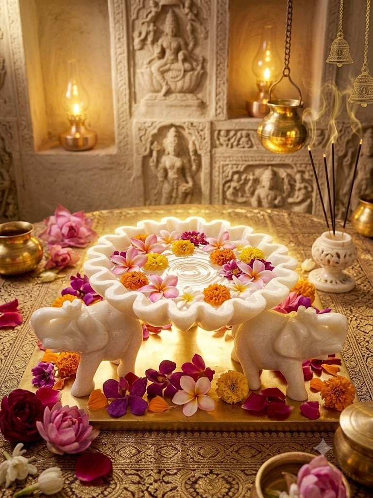 Handcrafted White Marble Elephant Urli – Luxury Floating Candle Bowl & Floral Centerpiece