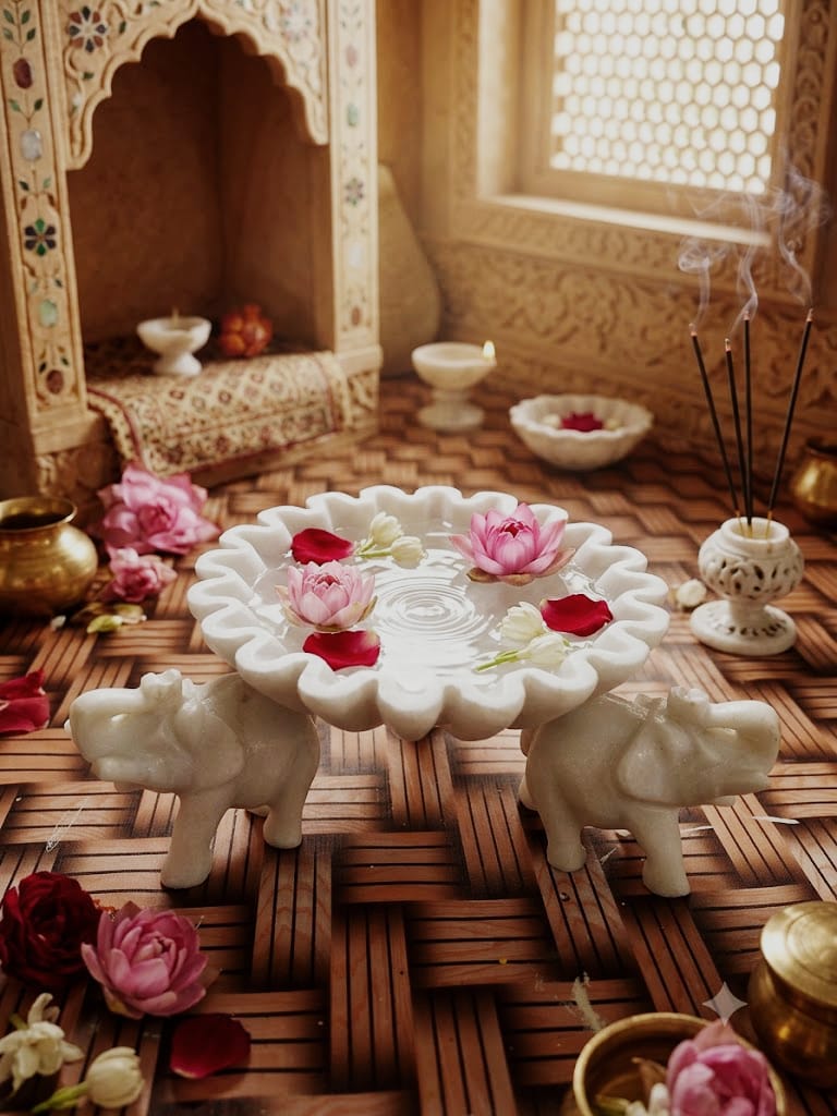 Handcrafted White Marble Elephant Urli – Luxury Floating Candle Bowl & Floral Centerpiece