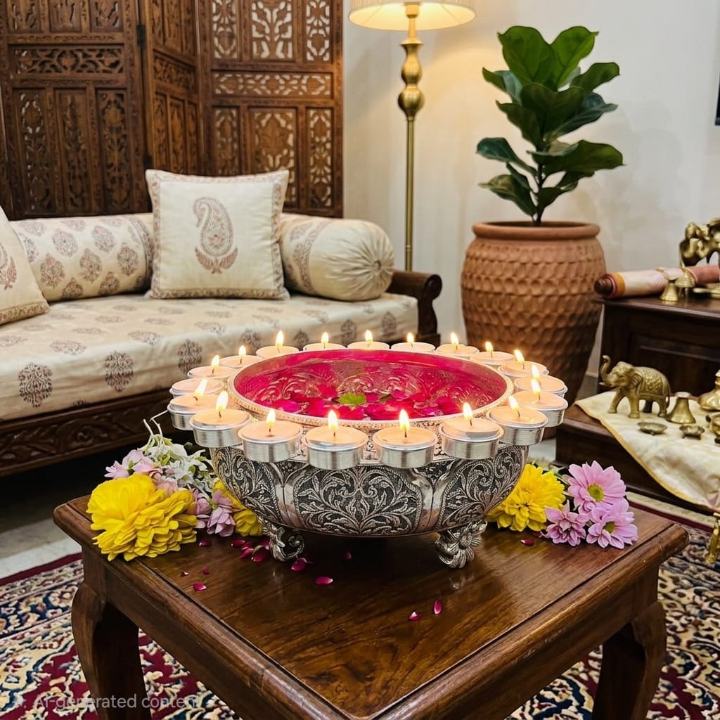 Traditional Silver Urli with Candle Stand – Floral Home Décor Centerpiece