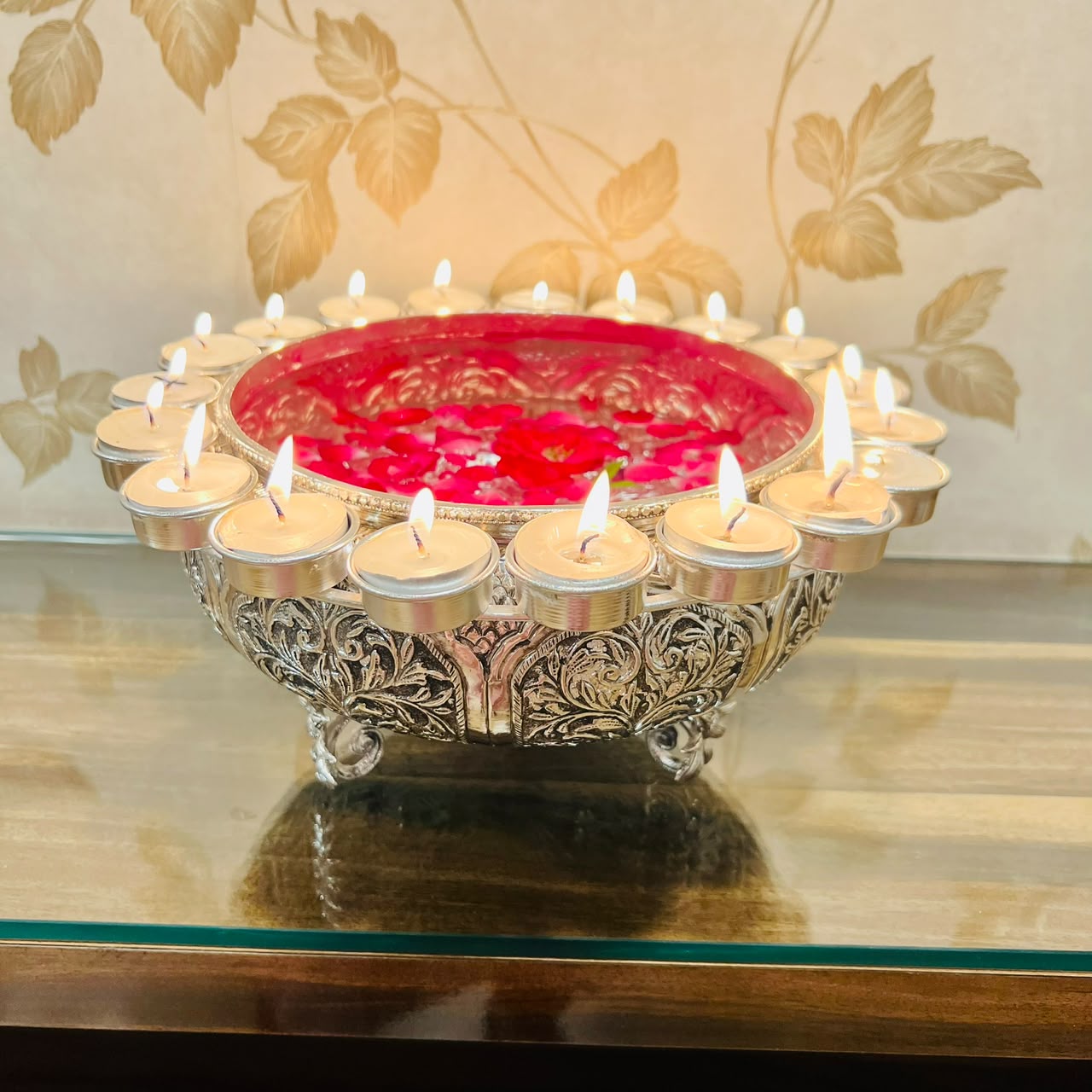 Traditional Silver Urli with Candle Stand – Floral Home Décor Centerpiece