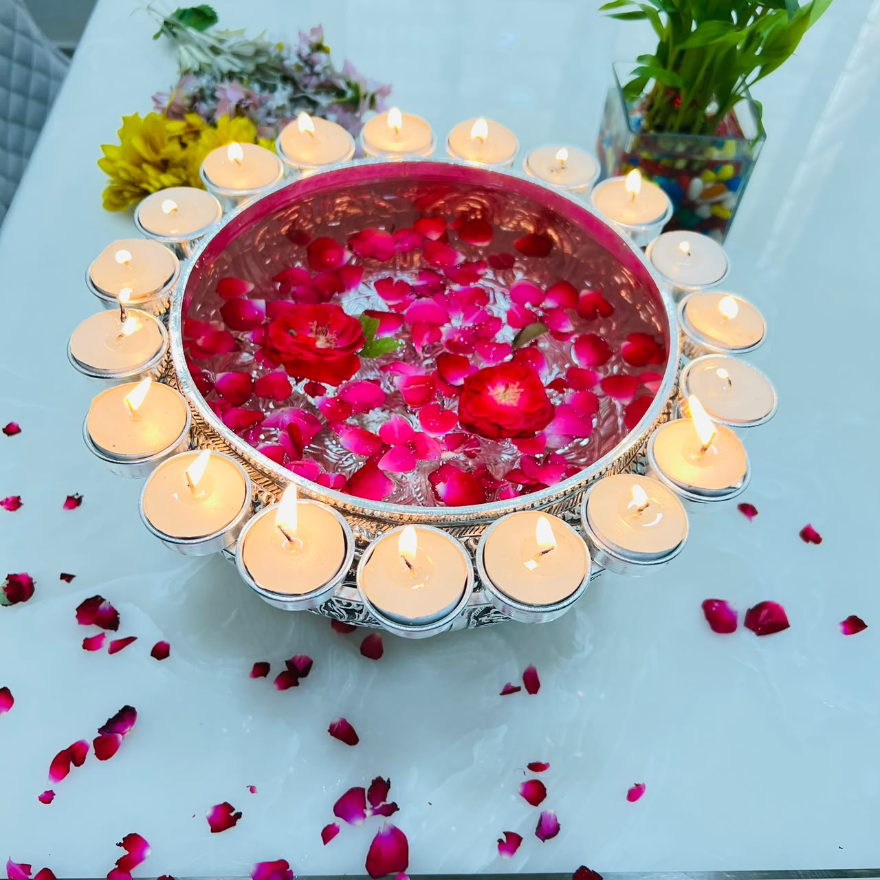 Traditional Silver Urli with Candle Stand – Floral Home Décor Centerpiece