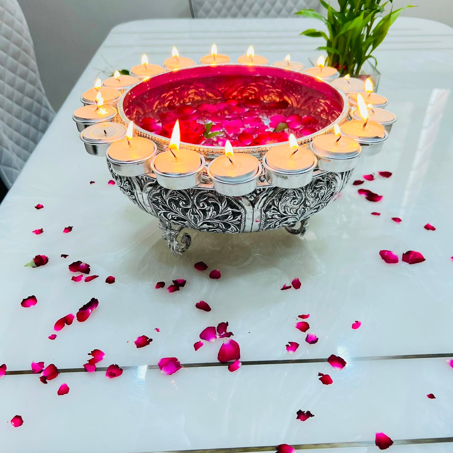 Traditional Silver Urli with Candle Stand – Floral Home Décor Centerpiece