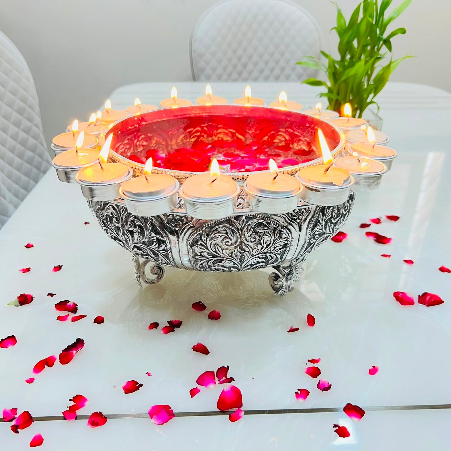 Traditional Silver Urli with Candle Stand – Floral Home Décor Centerpiece