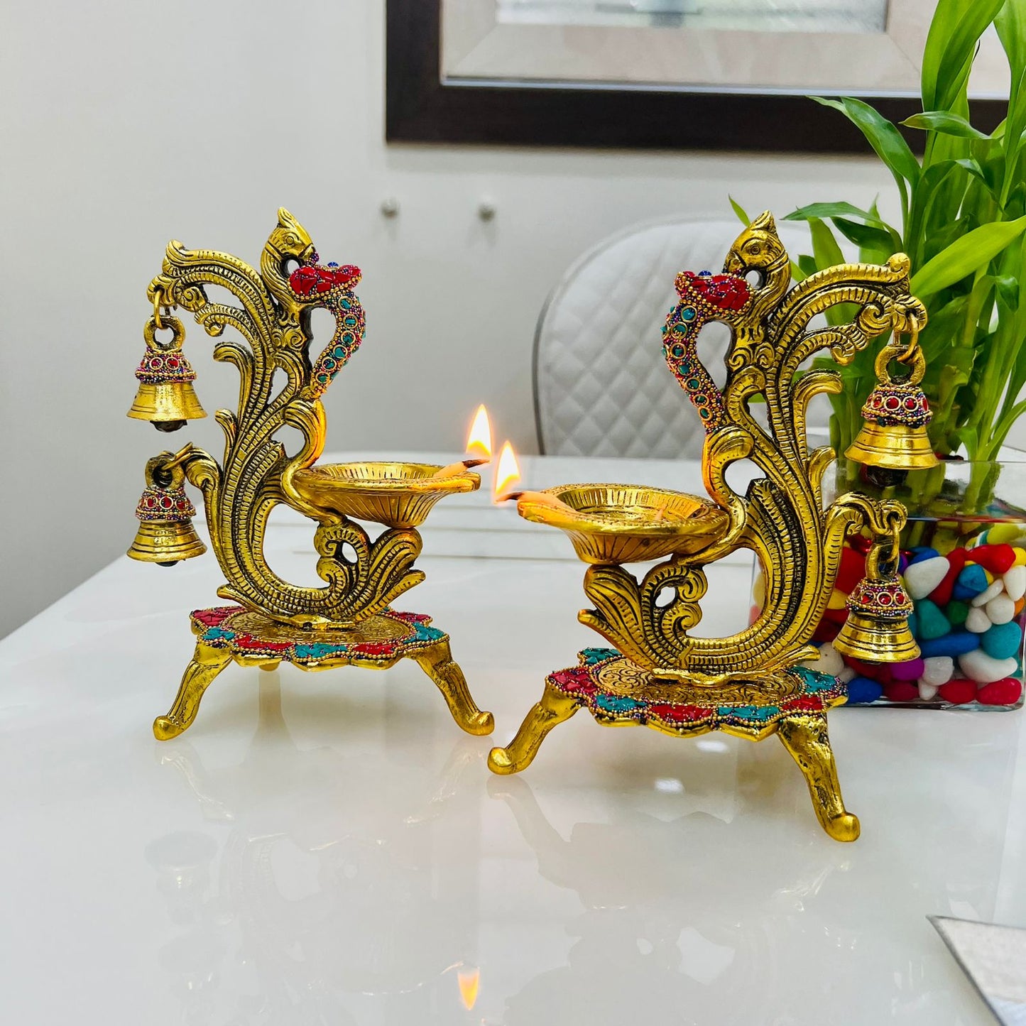 Brass plated hand engraved Peacock diya