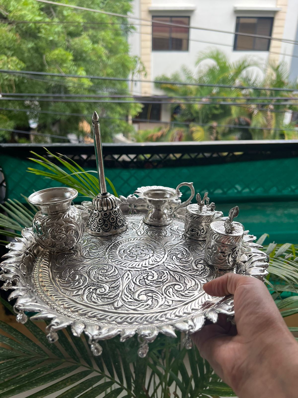 Exquisite German silver engraved pooja thali.