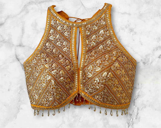 Indian Designer yellow beads Saree Lehenga Blouse Sleeveless sabyasachi style.