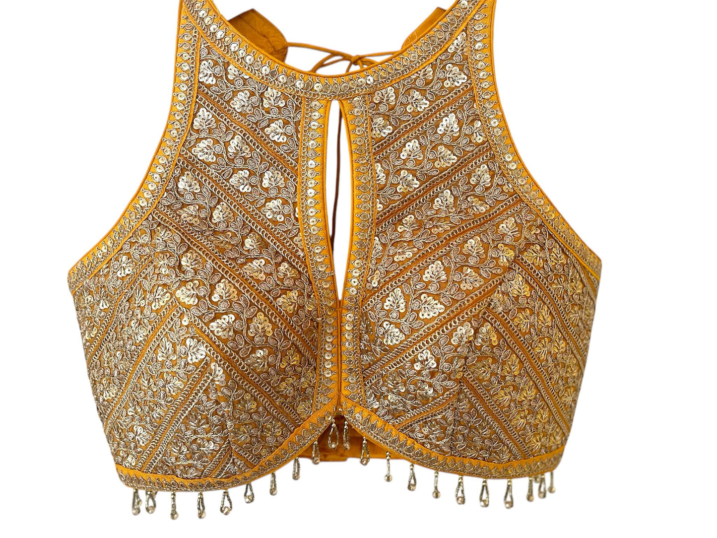 Indian Designer yellow beads Saree Lehenga Blouse Sleeveless sabyasachi style.