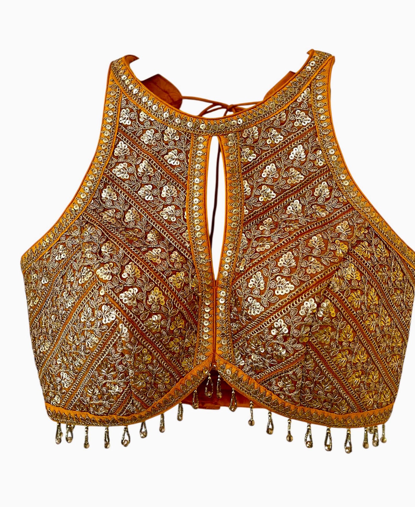 Indian Designer yellow beads Saree Lehenga Blouse Sleeveless sabyasachi style.