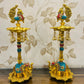 German Silver Hand-Engraved Peacock Samai/Diya with Elephant Base & Brass-Plated Plate | Traditional Indian Oil Lamp. Set of 2