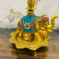 German Silver Hand-Engraved Peacock Samai/Diya with Elephant Base & Brass-Plated Plate | Traditional Indian Oil Lamp. Set of 2