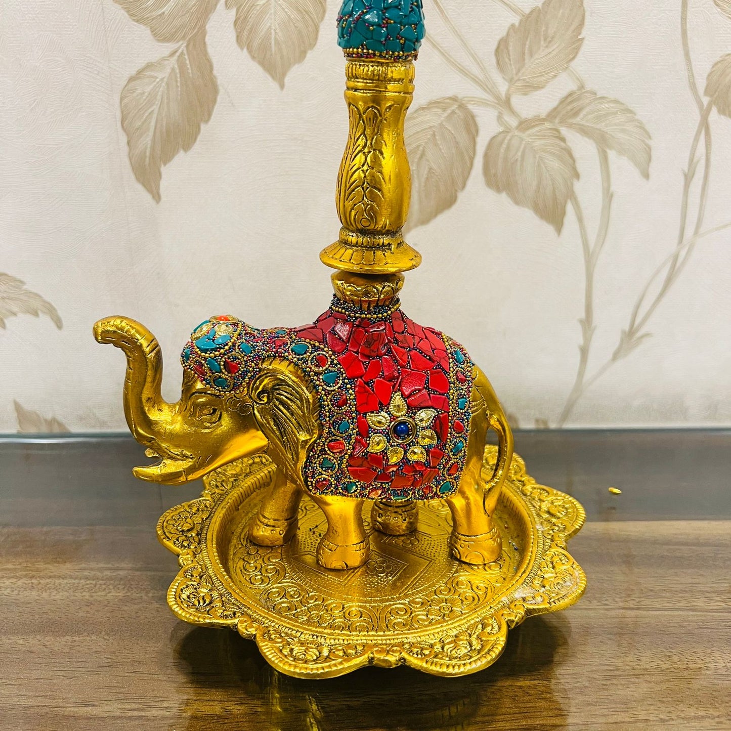 German Silver Hand-Engraved Peacock Samai/Diya with Elephant Base & Brass-Plated Plate | Traditional Indian Oil Lamp. Set of 2