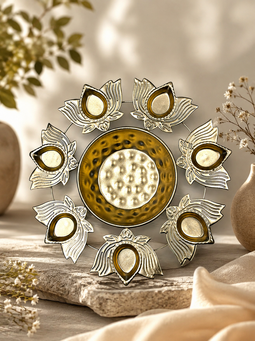Golden Lotus Diya Urli Centerpiece with 8 Tealight Holders