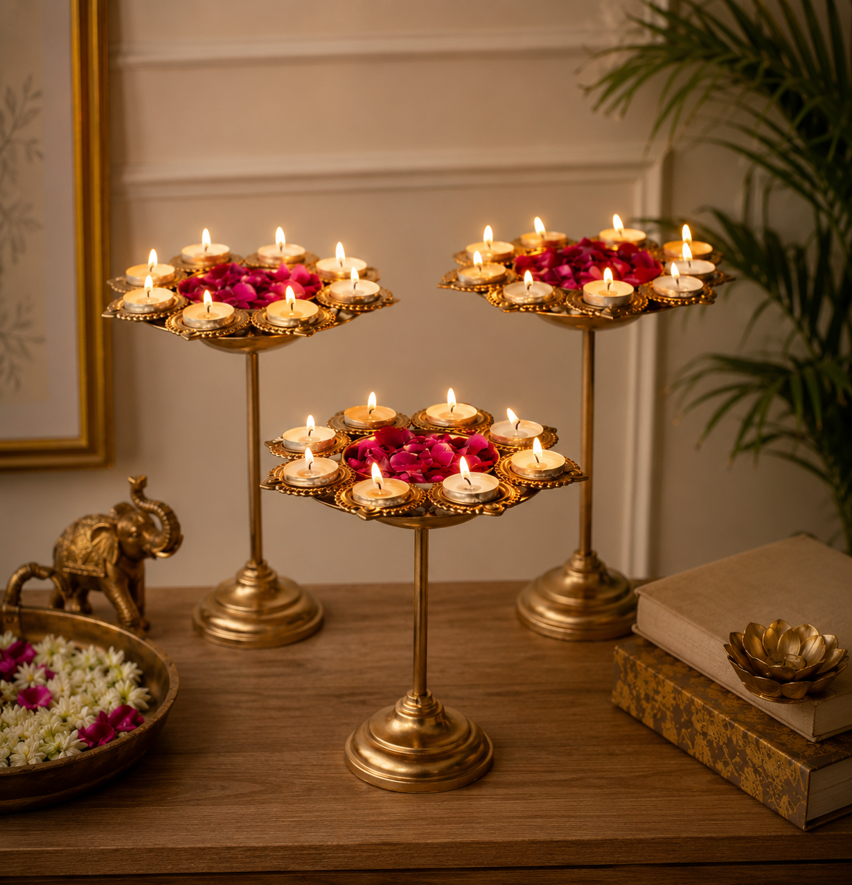 Royal Lotus Diya Pedestal Trio