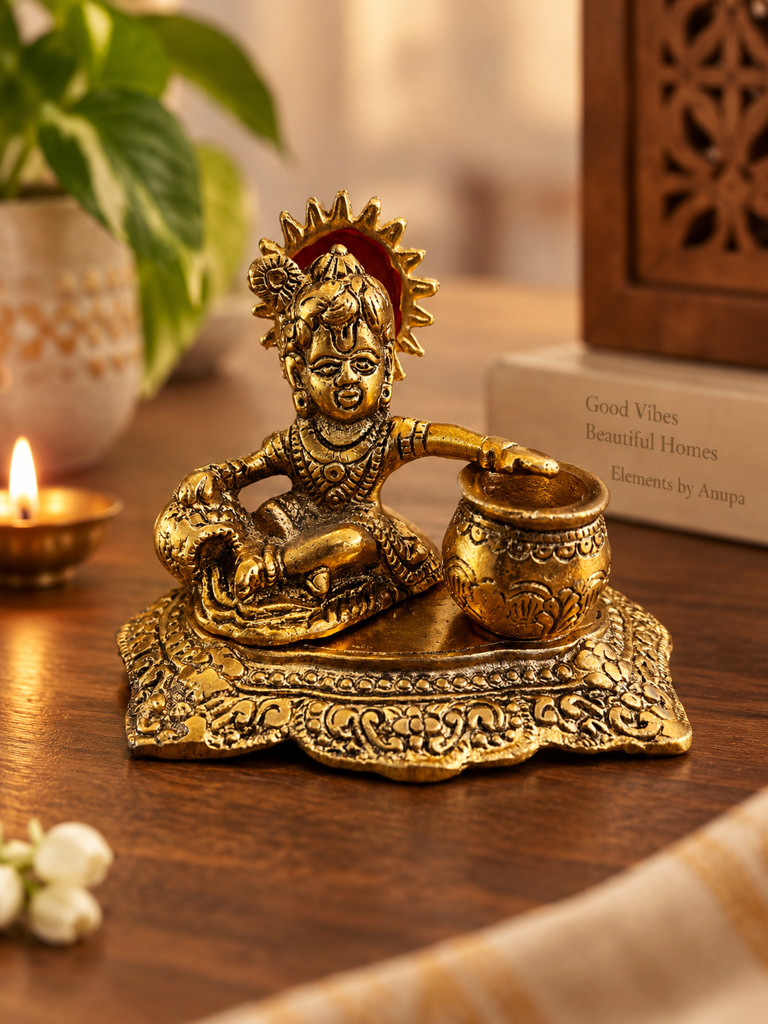 Divine Bal Krishna with Makhan Matki – Antique Gold Decorative Idol