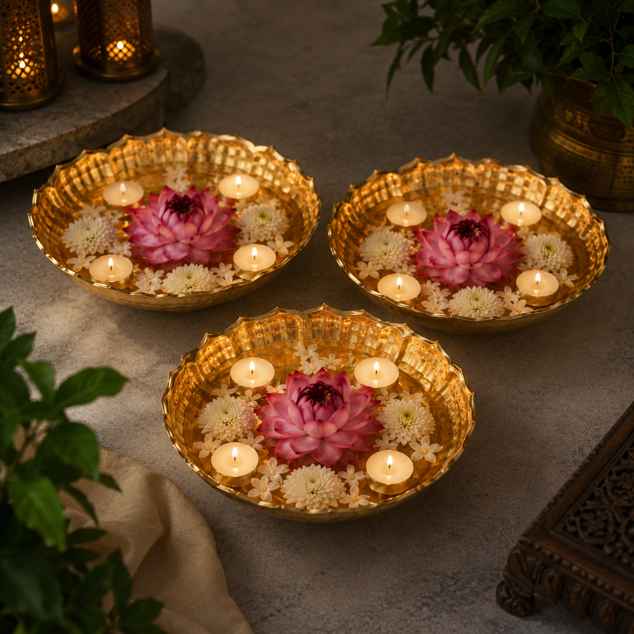 Golden Lotus Trio – Reflective Water Bowls for Modern Home Decor