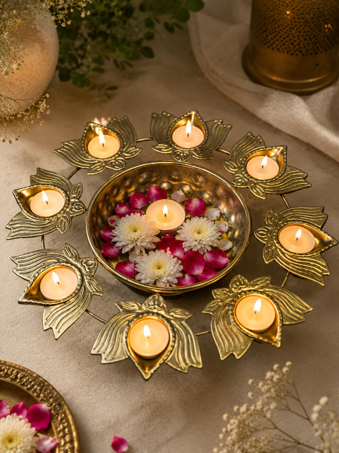 Golden Lotus Diya Urli Centerpiece with 8 Tealight Holders